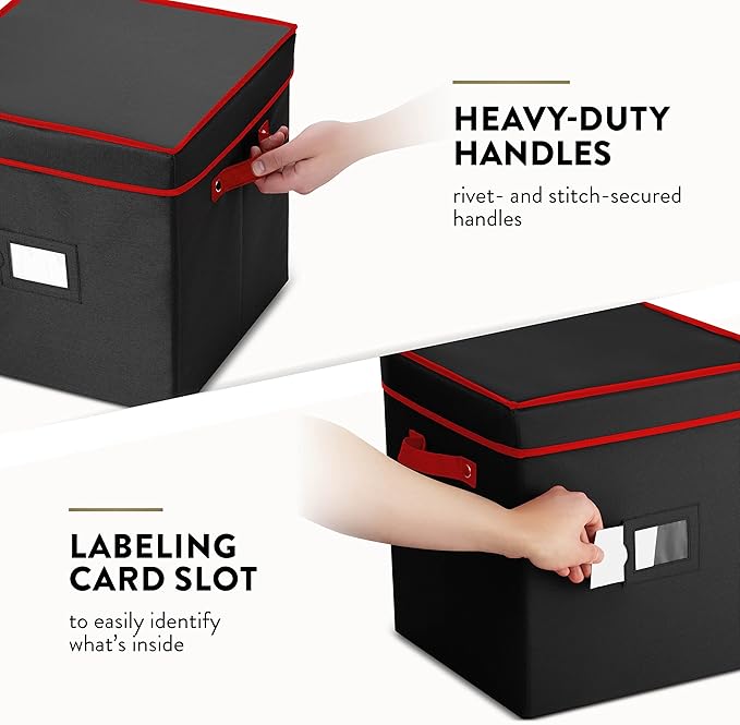 ZOBER Christmas Ornament Storage Box - Stores 64 3" Ornaments with Individual Trays - Tear Proof 600D Oxford Fabric - ornament organizer storage box, Durable Christmas Containers Holder - Black