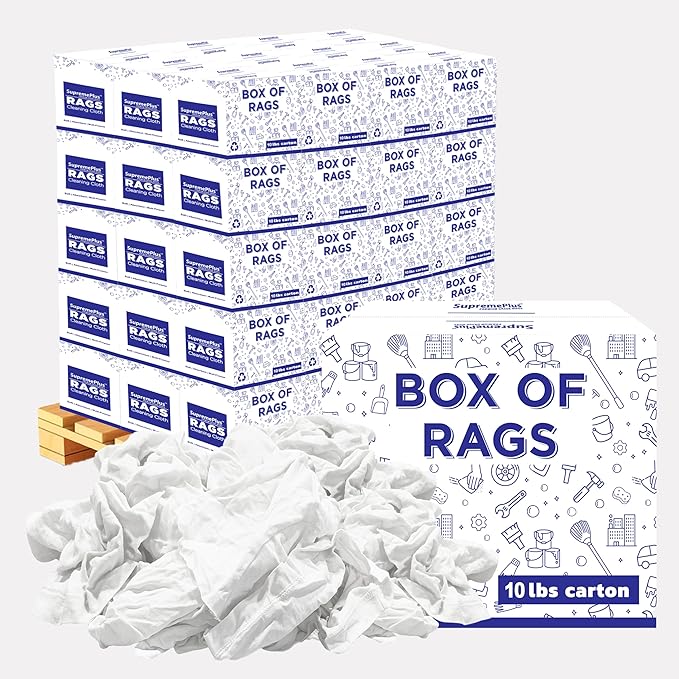 Recycled White T-Shirt Cleaning Rags (600 lbs. Pallet 60x10 lbs. Box) – Shop Rags Bulk for Oil, Stain, Grease, Paint, and Auto Cleaning, Multipurpose