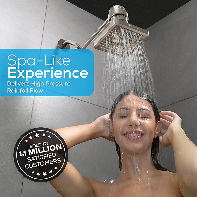 SparkPod Shower Head - High Pressure Rain - Premium Quality Luxury Design - 1-Min Install - Easy Clean Adjustable Replacement for Your Bathroom Shower Heads (Elegant Brushed Nickel, 6 Inch Square)