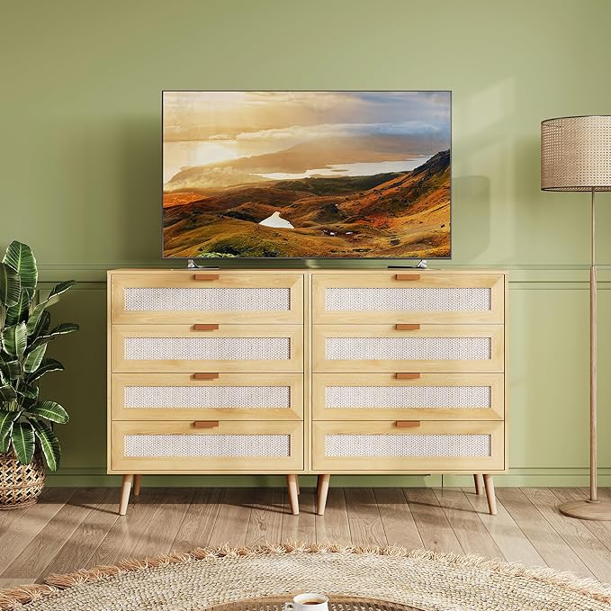 WLIVE Rattan Dresser for Bedroom, 4 Drawer Wooden Boho Dresser Storage with Gold Metal Handle, Chest of Drawers for Living Room, Closet, Hallway, Light Oak