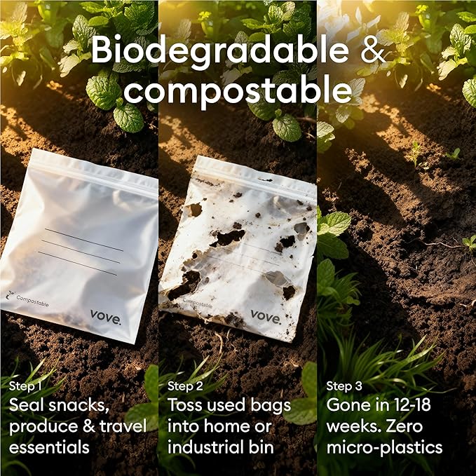 Vove Compostable Snack Bags 50 Ct – PFAS-Free, BPI Certified, Freezer Safe with Airtight Seal for Snacks & School Lunches, Plant-Based
