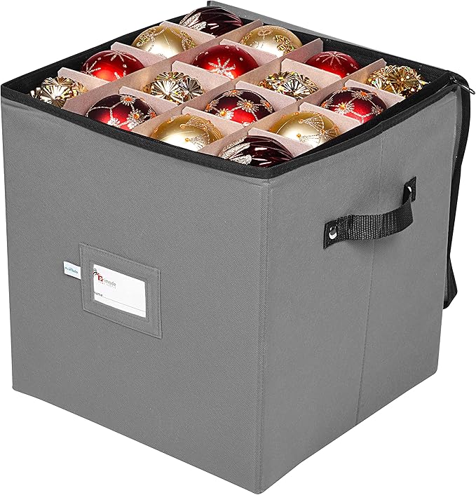 Primode Christmas Ornament Storage Box, 4 Individual Trays Xmas Storage Container, Fits 64 Ornaments Decoration Balls, Constructed of Durable 600D Oxford Material (Gray)
