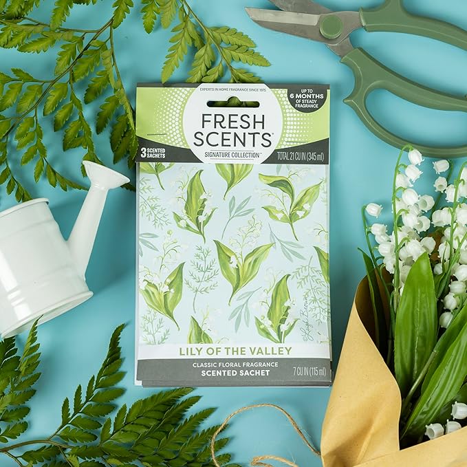 Fresh Scents Scented Sachets | Lily of The Valley | Home Fragrance | Long Lasting (Up to 6 Months) | Air Freshener for Closets, Drawers, & Cars | 6 Pack