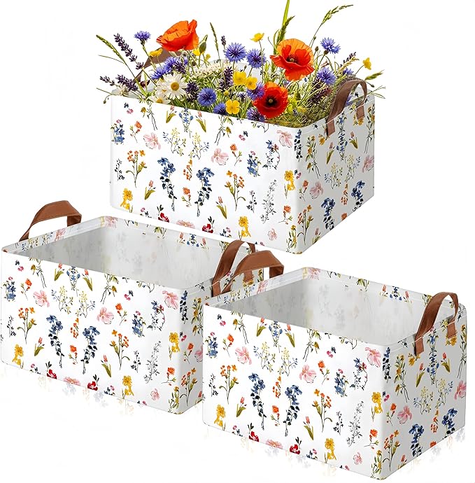 Boao 3 Pcs Watercolor Wildflowers Storage Bin Wildflowers Collapsible Large Storage Baskets for Gifts Canvas Laundry Basket Foldable Box with Handle for Office Home Bedroom Clothes