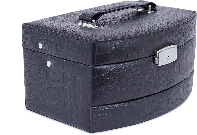 Internet's Best Faux Leather 3-Tier Jewelry Case | Slide Open Jewelry Box | Multi Compartment for Rings, Earings, Necklaces & Bracelets | Interior Mirror | Black