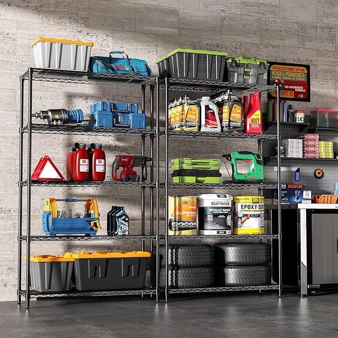 RackBro 5-Tier Storage Shelves 72" H Wire Shelving, Adjustable Metal Shelving Pantry Shelves, 1325LBS Heavy Duty Rack with Shelf Liners for Garage Commercial Kitchen, 36" W x 14" D x 72" H, Black