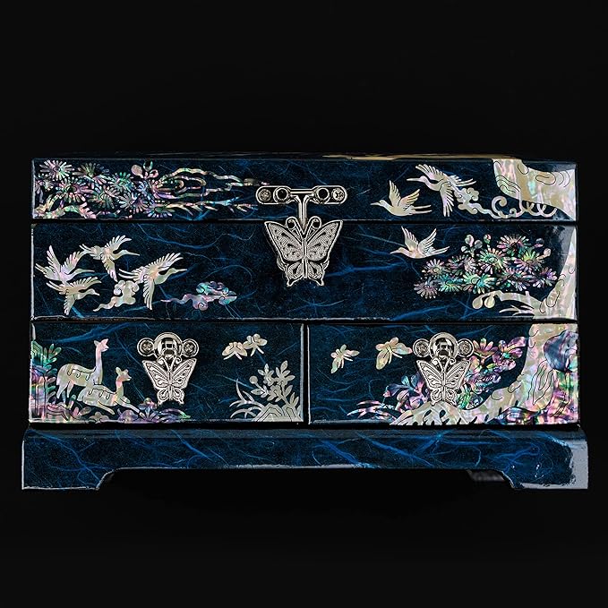 MADDesign Mother of Pearl Lacquered Jewelry Box Two Level Cranes Blue