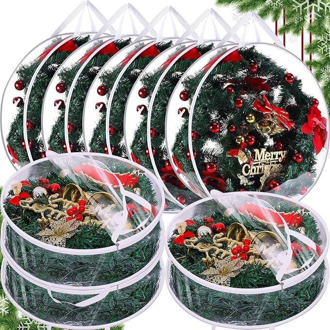 Shappy 8 Piece Clear Christmas Wreath Storage Container 24 Inches Xmas Wreath Storage Bag Plastic Christmas Garland Container with Dual Zippers and Reinforced Handles for Xmas Seasonal (Clear)
