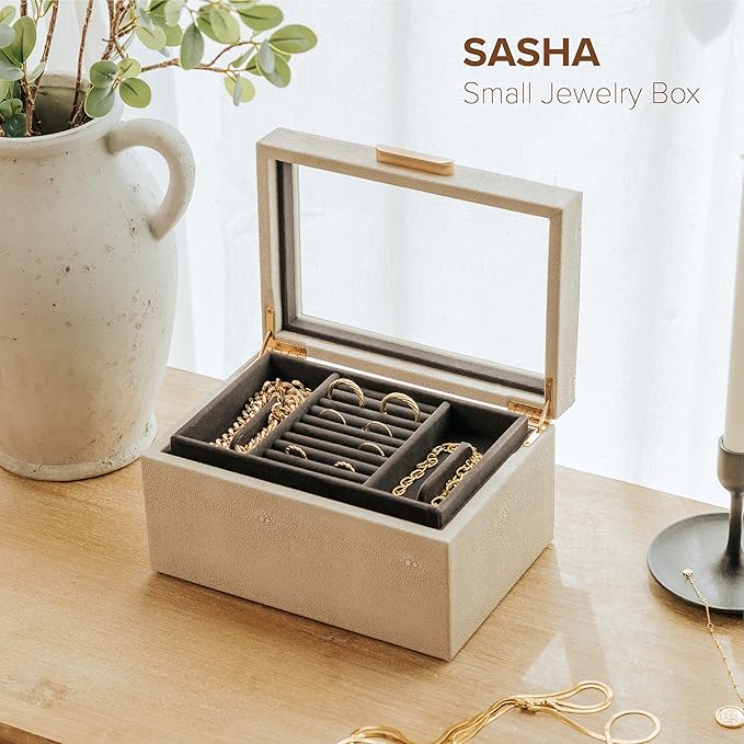 CASE ELEGANCE Monogrammed Petite 3 Tier Jewelry Box, Storage & Display Case for Bracelets Earrings Rings Necklaces, Accessory Organizer for Women, Shagreen Vegan Leather & Velvet Lined, Brass Hardware