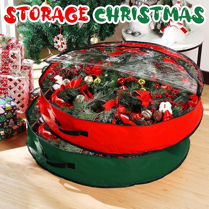 Aliceset 4 Pack Wreath Storage Containers, Christmas Ornament Garland Wreath Storage Bags with Handle Dual Zipper Large Decorative Storages Box for Winter Wreaths(36 x 36 x 7.8 Inch,Red, Green)