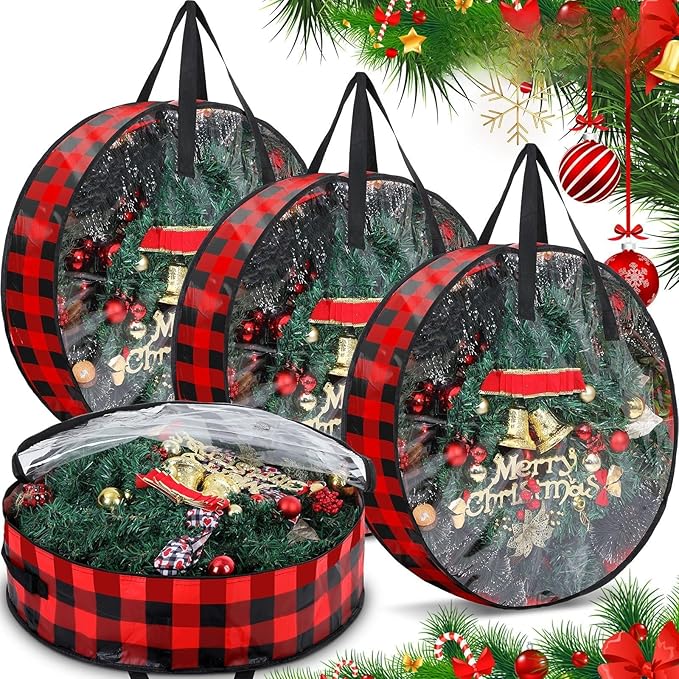 Shappy 4 Pcs Christmas Wreath Storage Bag Wreath Storage Container with Clear Window Plaid Wreath Storage Box with Handles for Storing Garland Holiday Wreath Wrapping (Red Black,24 Inch)