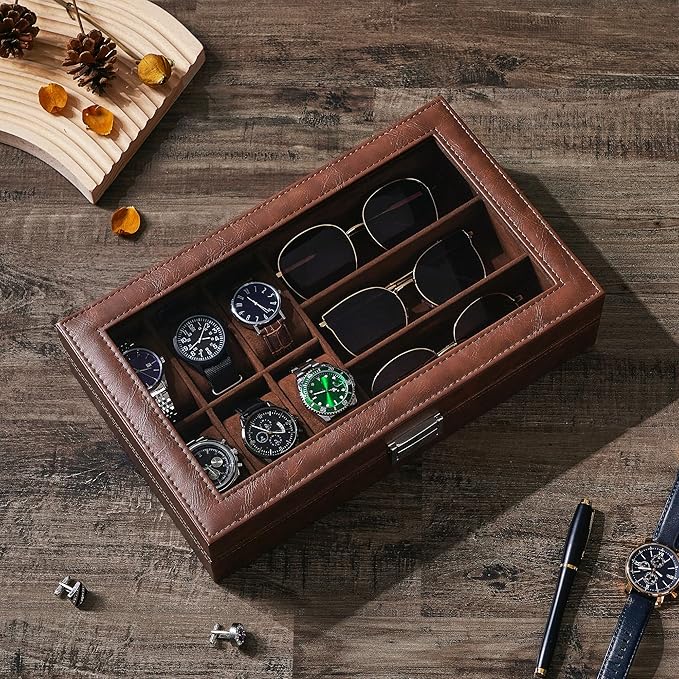 BEWISHOME Watch Box 6-Slot Watch Case and 3-Slots Sunglasses Box for Men, Sunglasses Storage with Large Glass Lid, Jewelry Box for Men Women Brown SSH18Z