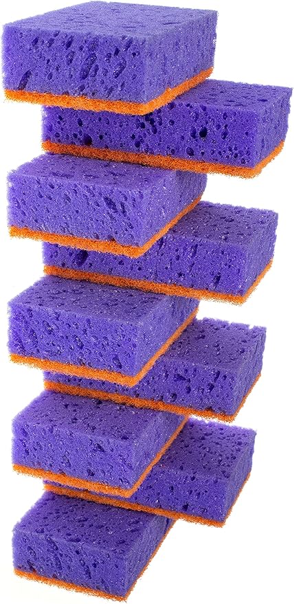 Okleen Purple and Orange Multi Use Scrub Sponges. Made in Europe. 9 Pack, 4.3x2.8x1.4 inches. Heavy Duty & Non Scratch Fiber. Odorless Durable Delicate, Easy Washable Violet Scrubber
