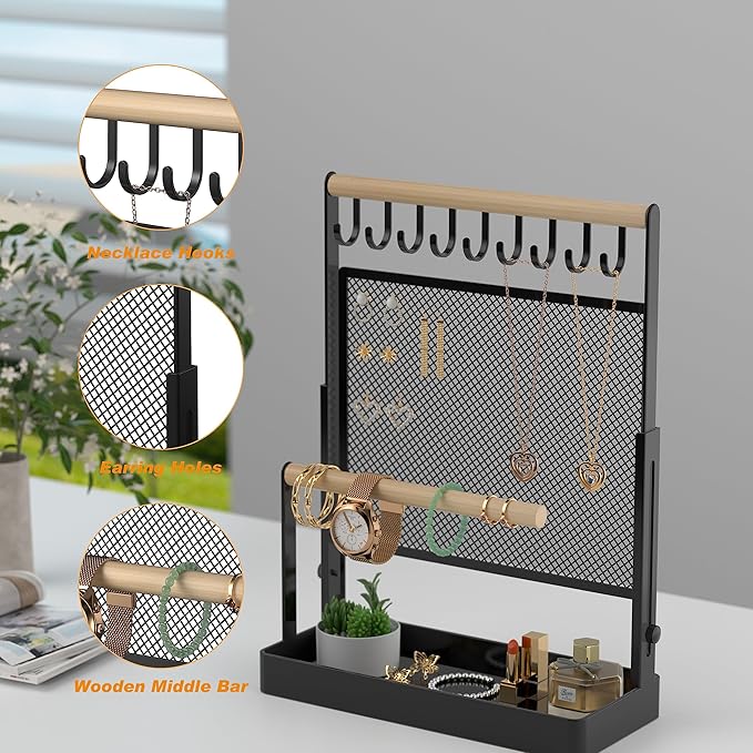 IOAIANIA Jewelry Organizer Stand, Liftable Necklace Holder with Earring Organizer Net, 9 Hooks Necklaces Storage Wooden Handing Bar for Bracelets Watches Rings (Black)