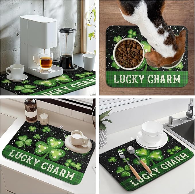 St Patricks Day Spring Dish Drying Mats St Patrick's Day Lucky Dish Mat Shamrock Drying Matt Dishes Dryer Pad for Kitchen Counter Absorbent Microfiber Washable Foldable Reusable 18x24 in