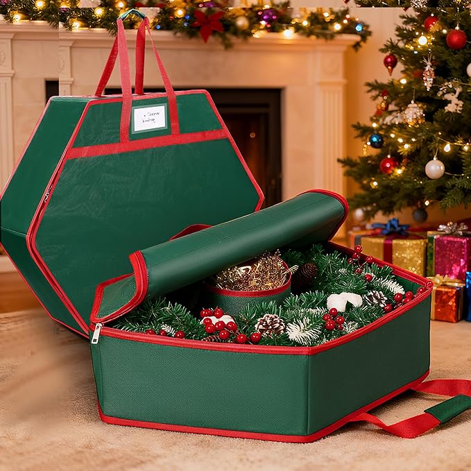 Christmas Wreath Storage Container - 30" Sturdy Hard Shell Christmas Wreath Storage Bag with Interior Pockets, Dual Zipper and Handles, Premium Wreath Storage Organizer Box