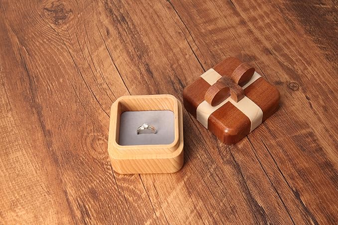 MISS LI GARDEN Special Design Wooden Ring Box, Ring Holder Box with Single Slot, Gift Box for Wedding,Engagement, Ceremony,Anniversary, Christmas