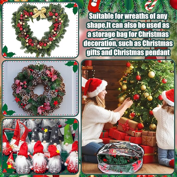 Shappy 6 Pieces Christmas Wreath Storage Container 30 Inch Wreath Plastic Storage Bags with Dual Zippers and Handles for Xmas Thanksgiving Holiday Artificial (Clear,Black)