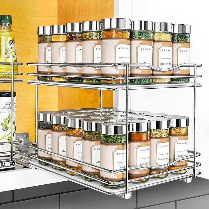 LYNK PROFESSIONAL® Pull Out Spice Rack Organizer for Inside Kitchen Cabinets - 8-3/8 inch Wide - Slide Out Drawer – Chrome Sliding Spice Cabinet Organization Shelf Racks - 2 Tier