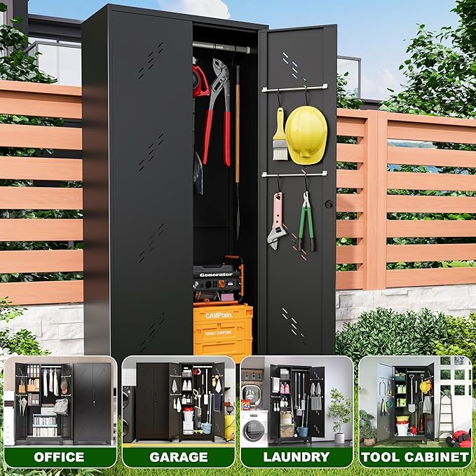 Garage Storage Cabinet 75" H,Tall Storage Shed with Lockable Doors and Stainless Steel Bottom, Black Tools Utility Chests for Office, Garage, Warehouses