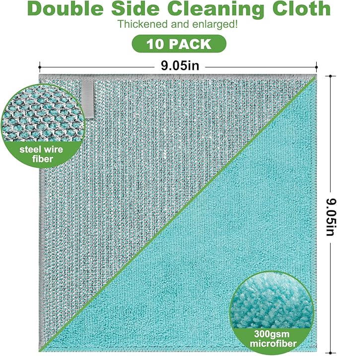 Jeymei 10counts Non Scratch Wire Dishcloth Multipurpose Wire Dishwashing Rag for Washing Dishes,Double Layer Microfiber Cleaning Cloth,Reusable Diamond Weave Steel Wool Scrubber Cloths,Blue
