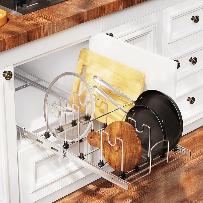 Pull Out Pots and Pans Organizer Under Cabinet, Sliding Adjustable Pot Rack with 9 Adjustable Dividers, Chrome-Plated Pot and Pan Holder Rack, Full-Extension Rail for Kitchen Organization 12" W*22" D