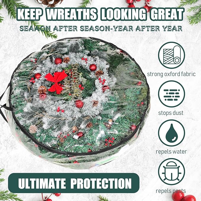 Shappy 6 Pcs 36 Inch Christmas Wreath Storage Container Clear Wreath Storage Bags PVC Waterproof Garland Bags with Clear Window Dual Zippers and Handles for Xmas Holiday Artificial Garland (Black)