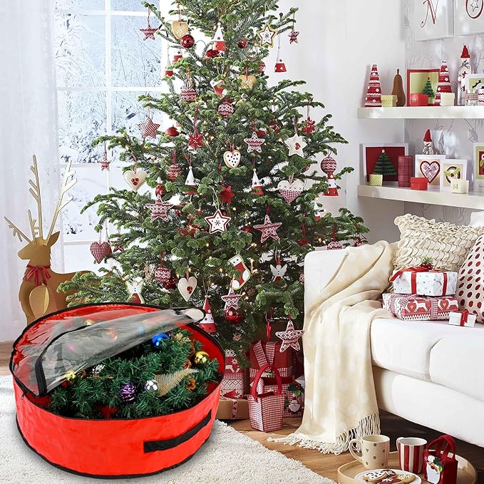 Pwsap 2 Pack Christmas Wreath Storage Container - 36 Inch, Garland Storage, Christmas Large Wreath Storage Container Cover, Durable Tarp Material, Dual Zipper Storage Bag for Xmas Holiday, Red