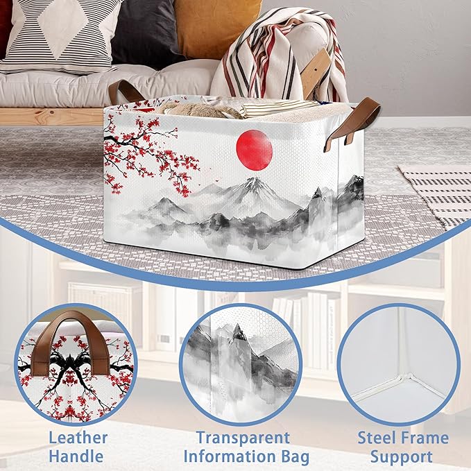 Cherry Blossom Collapsible Storage Box,Red Sun Japan Organizer Bin with Handles for Room Decoration,Bins Book Basket Box 17x11.5x10Inch