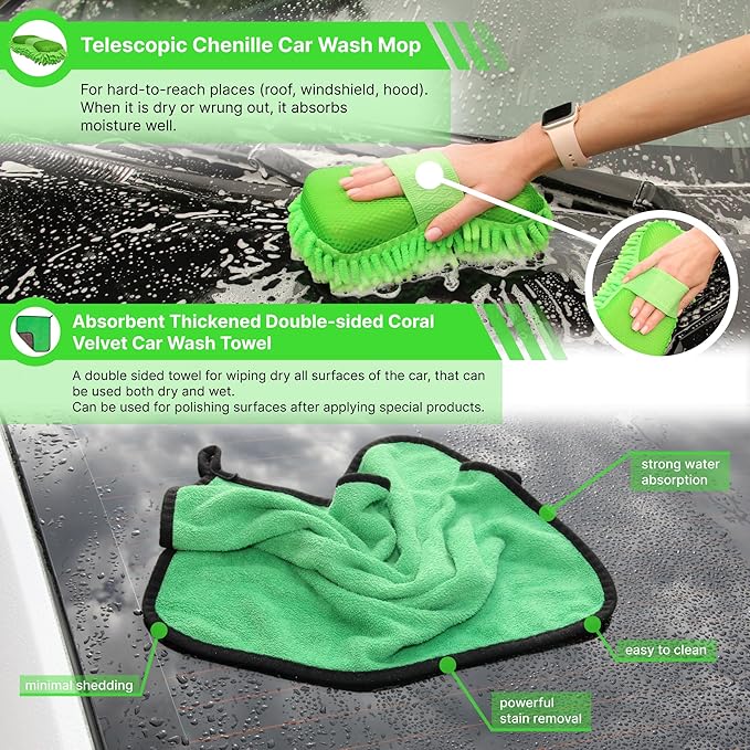 7-in-1 Car Detailing Kit - Powerful Multi-Purpose Complete Auto Cleaning Set with Telescopic Mop, Microfiber Mitt, Towel, Wheel & Interior Brushes