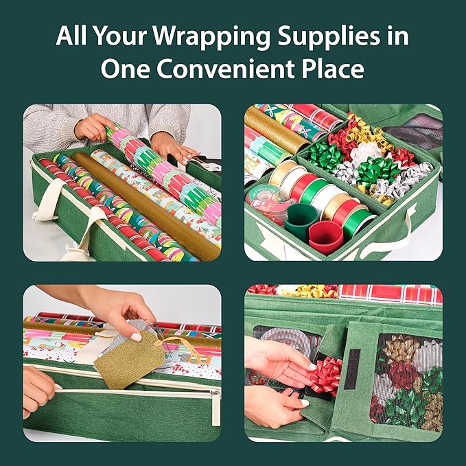 Little ELF Premium Wrapping Paper Storage Organizer, Easy to Carry, 6 Individual Pockets for Christmas Gift Wrap Supplies, Lightweight and Sturdy