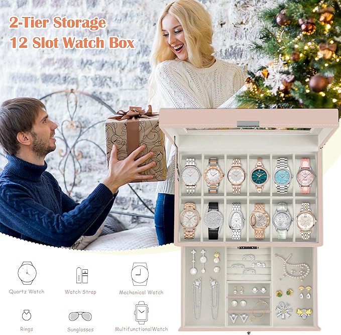 Ogrmar 12 Slot PU Leather Lockable Watch Storage Boxes, Men & Women Jewelry Display Drawer Case, 2-tier Organizer Watch Showcase with Glass Lid (Pink)