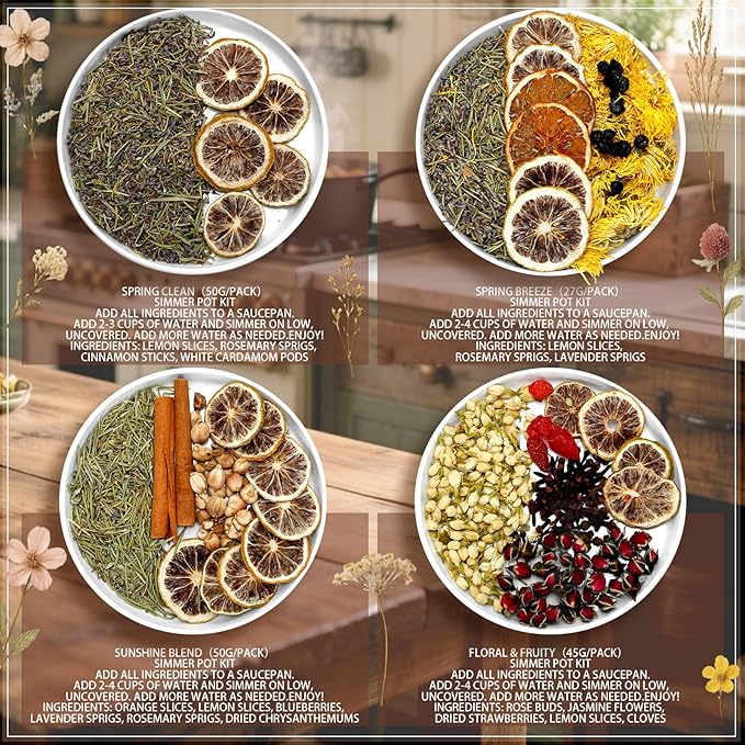 Siifert 4 Set Spring Clean Potpourri Bags Stovetop Simmering Mix Potpourri Instruction and Sticker Floral Fruity Cinnamon Natural Air Freshener Sachet for Party Craft DIY Gift Housewarming Hostess