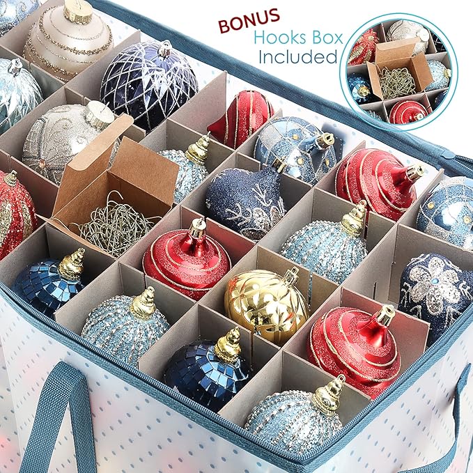 Large Christmas Ornament Storage Box With Adjustable Dividers - Plastic Ornament Storage Container For 128 Holiday Ornaments or Decorations - By Hearth & Harbor