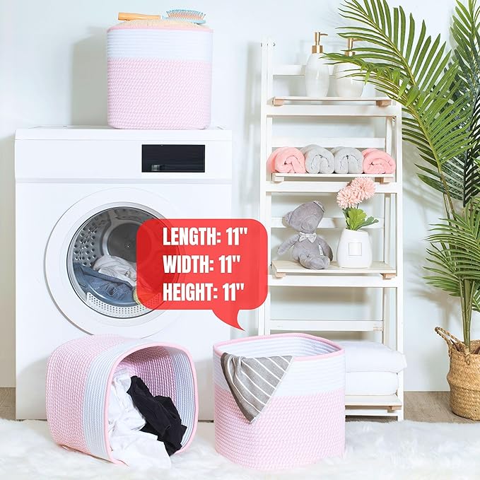 MINTWOOD Design 3-Pack 11x11 Inch Cube Storage Bin, Woven Storage Cube Organizer, Closet Organizer, Cute Square Storage Bins, Decorative Classroom Bathroom Pantry and Shelf Baskets, Light Pink