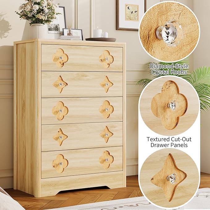 Garvee Dresser for Bedroom with 5 Drawers, 45'' Tall Chest of Large Decorative Drawer Front with Large Clothes Storage Cabinet, Wood Bedroom Dresser, TV Stand for Nursery, Living Room, Enterway