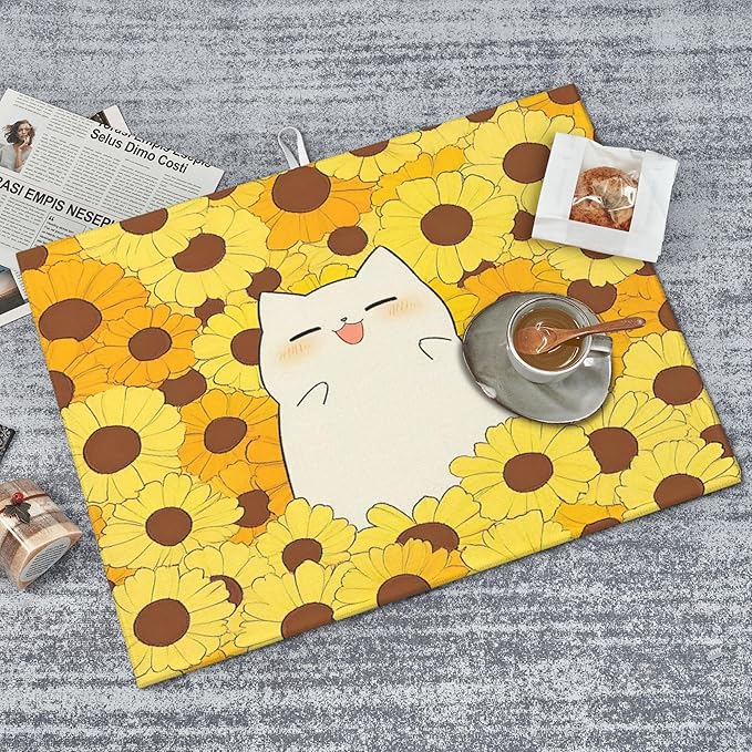 Cute Cat Dish Drying Mat for Kitchen Counter Microfiber Super Absorbent Non-Slip Dish Drying Pad for Countertops Dishes Utensils Stylish Quick-Dry Machine Washable 18x24 Inch