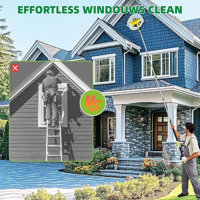 370'' Long Reach Window Squeegee with Telescoping Extension Pole, 2-in-1 Indoor/Outdoor Cleaning Tool with 270° Rotatable Head, Lightweight Alloy Aluminum Pole for Shower Door, Mirror, Car Windshield