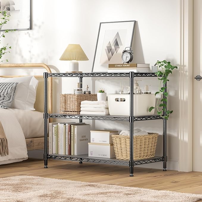 RackBro 3-Tier Storage Shelves 795LBS Metal Shelving Unit, Adjustable Wire Rack Small Shelf Organizer with 3 Shelf Liners for Kitchen Pantry Office Bedroom Closet Garage 24" W x 14" D x 30" H Black