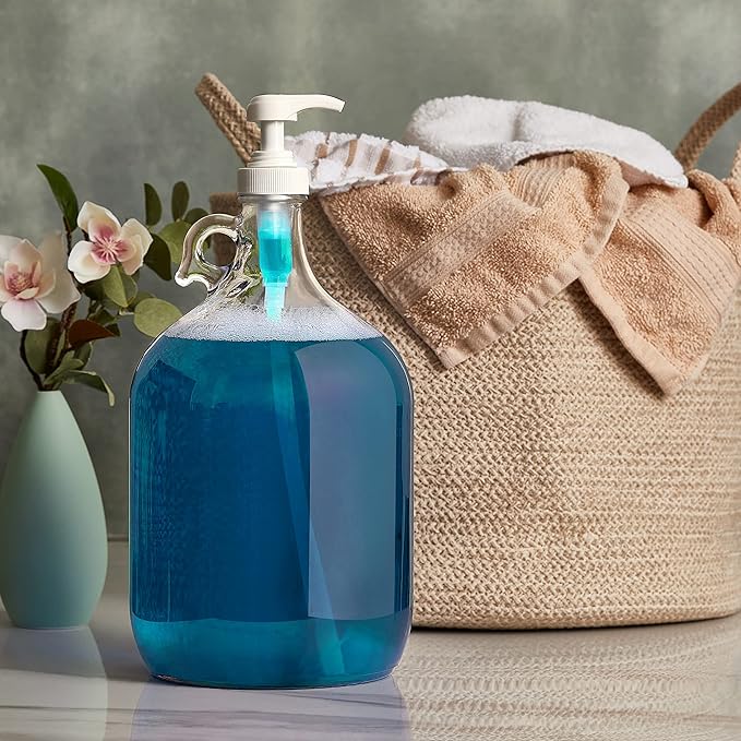 Gallon Glass Pump Dispenser Bottle, Large Jug Laundry Liquid Detergent Dispenser with Pump for Laundry Room Organization, Soap, Fabric Softener, Commercial Condiment Dispenser- 128 oz by Kitchentoolz