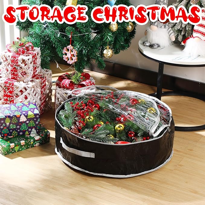 Aliceset 4 Pack Wreath Storage Containers, Christmas Ornament Garland Wreath Storage Bags with Handle Dual Zipper Large Decorative Storages Box for Winter Wreaths(24 x 24 x 7.8 Inch,Black)