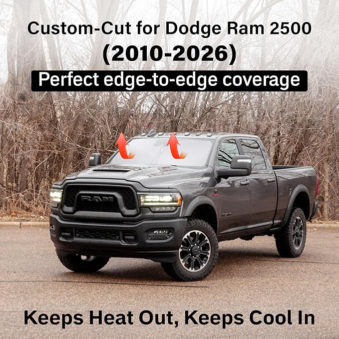 EcoNour Windshield Sun Shade Compatible for Dodge Ram 2500 2010–2026 | Full-Size Pickup Front Window Sun Visor Shield | Heavy-Duty Foldable Sunshade | Blocks UV Rays & Keeps Truck Cooler