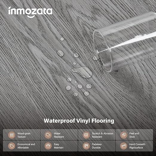 Peel and Stick Floor Tile, INMOZATA Self Adhesive Vinyl Plank Flooring Wood Grain Look 36-Pack 54 Sq.Ft Grey Waterproof Tile Sticker for Bedroom, Living Room, Kitchen, RV(Slategray)
