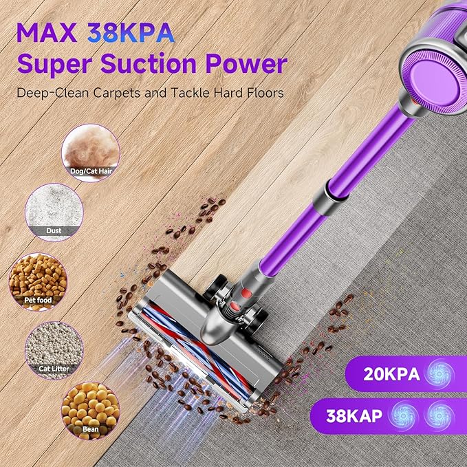 Vaconly Cordless Vacuum Cleaner, 8 in 1 40Kpa 55Mins,Lightweight Vacuum Cleaners for Home, Stick Vacuum with Anti-Tangle Brush,Wall Mount, Rechargeable Cordless Vacuum for Floor/Sofa/Pet Hair,Purple