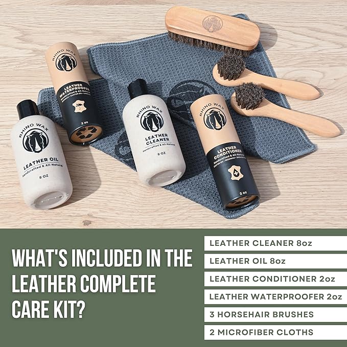 Rhino Wax - Complete Leather Cleaning and Conditioning Kit (Oil + Conditioner + Cleaner + Waterproofing Wax + Brushes + Cloths) - Cleans, Revitalizes and Protects Leathers - Proudly Made in The USA