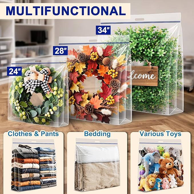 Extra Large Wreath Storage Bag, 28"x28"x7", Clear Storage Bag with Handle, Summer Christmas Decoration Garland Container for Seasonal Thanksgiving Holiday Artificial Wreath, 4 Pack
