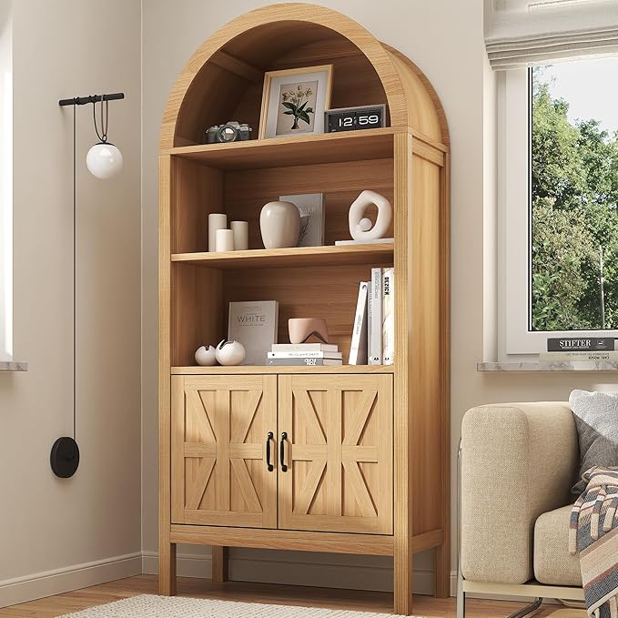 71" Tall Arched Cabinet with Storage, Farmhouse Arched Display Bookcase Cabinet with Door and Adjustable Shelves, Arch Bookshelf Storage Pantry Cabinets for Living Room, Kitchen