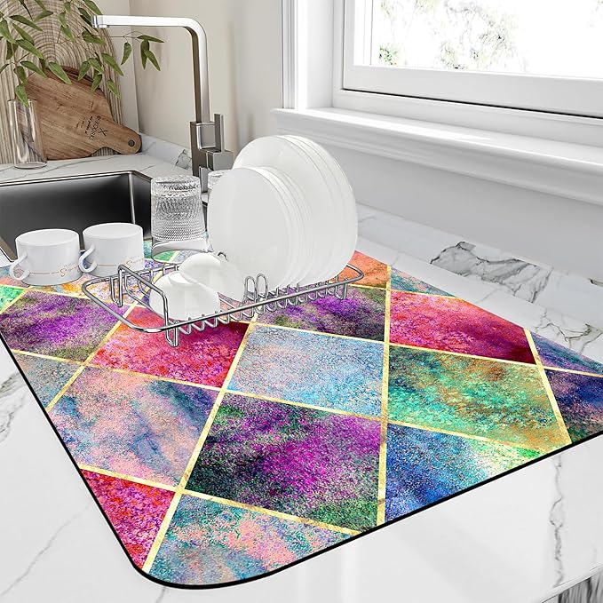 Watercolor Argyle Plaid Dish Drying Mat Abstract Geometric Plaid Kitchen Mat 16"x24" Bsorbent Coffee Maker Mat for Dishes Utensils Coffee Maker Pots and Pans Easy Clean Dish Slip Resistant Pad