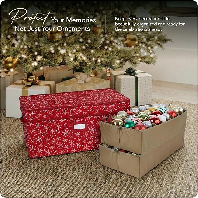 Covermates Keepsakes Adjustable Ornament Storage Box – Heavy-Duty Polyester, Padded Dividers & FlexGrid Trays – Protective Holiday Organizer with Stackable Walls & Label Window, Red Snowflake