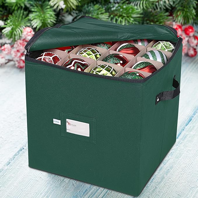 Primode Christmas Ornament Storage Box, 4 Individual Trays Xmas Storage Container, Fits 64 Ornaments Decoration Balls, Constructed of Durable 600D Oxford Material (Green)